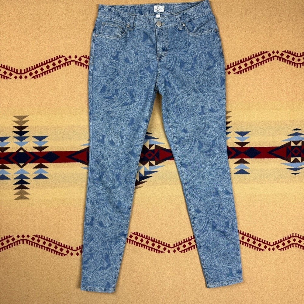 Style and Co Paisley Ankle Skinny Jean Pant Womens 6 Blue Denim 30x30 Stretch